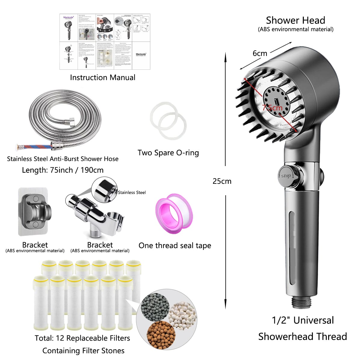 High Pressure Filtered Shower Head - 3 Spray Modes Shower head with Handheld, Detachable Showerhead with 12 Replaceable Water Softener Filters for Hard Water | Shower with 75" Anti-Burst Hose - 图片 4