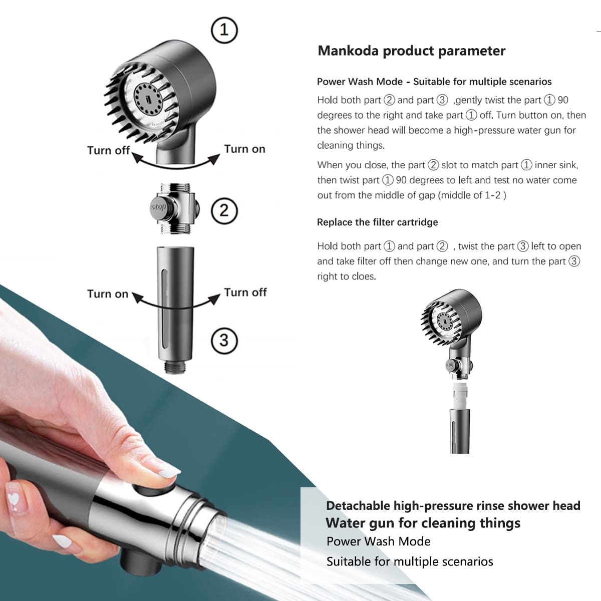 High Pressure Filtered Shower Head - 3 Spray Modes Shower head with Handheld, Detachable Showerhead with 12 Replaceable Water Softener Filters for Hard Water | Shower with 75" Anti-Burst Hose - 图片 3